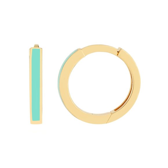 14K Solid Yellow Gold Turquoise Enamel Baby Hoop Earrings